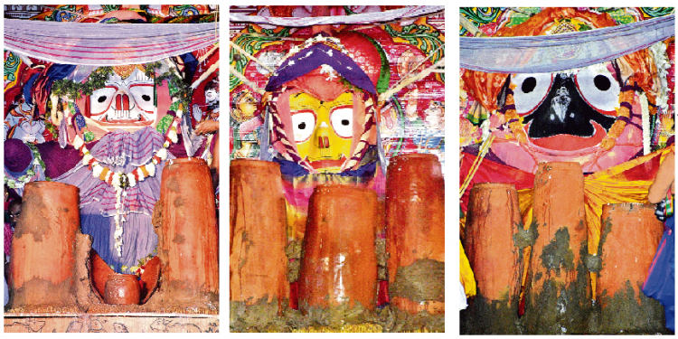 Lord Balabhadra, Devi Subhadra and Lord Jagannath being served a special drink on their respective chariots at the Lions’ Gate of Srimandir as part of the Adharapana ritual, Friday