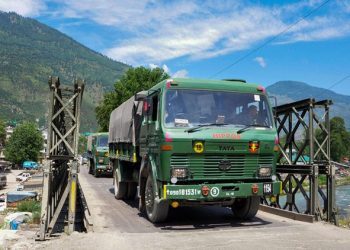 Indian army trucks depart towards Ladakh amid standoff between Indian and Chinese troops in eastern Ladakh, at Manali-Leh highway in Kullu district. (PTI Photo)