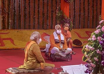 Ayodhya: Prime Minister Narendra Modi along with RSS Chief Mohan Bhagwat during the Bhoomi Pujan for the construction of Ram Temple, at Ram Janambhoomi site in Ayodhya, Wednesday, Aug 5, 2020. (PTI Photo)(PTI05-08-2020_000062B)