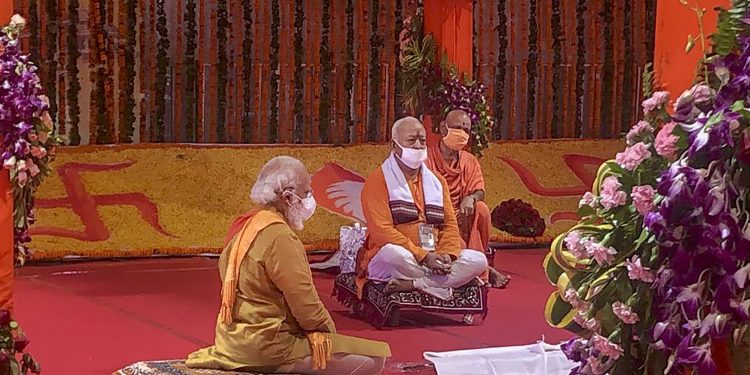 Ayodhya: Prime Minister Narendra Modi along with RSS Chief Mohan Bhagwat during the Bhoomi Pujan for the construction of Ram Temple, at Ram Janambhoomi site in Ayodhya, Wednesday, Aug 5, 2020. (PTI Photo)(PTI05-08-2020_000062B)