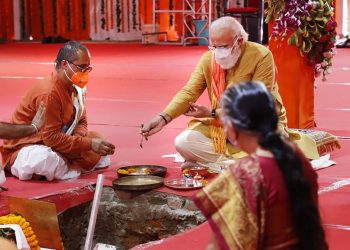 Ayodhya: Prime Minister Narendra Modi along with UP Governor Anandiben Patel performs Bhoomi Pujan rituals for the construction of the Ram Mandir, in Ram Janmabhoomi premises in Ayodhya, Wednesday, Aug 5, 2020. (PTI Photo)  (PTI05-08-2020_000079B)