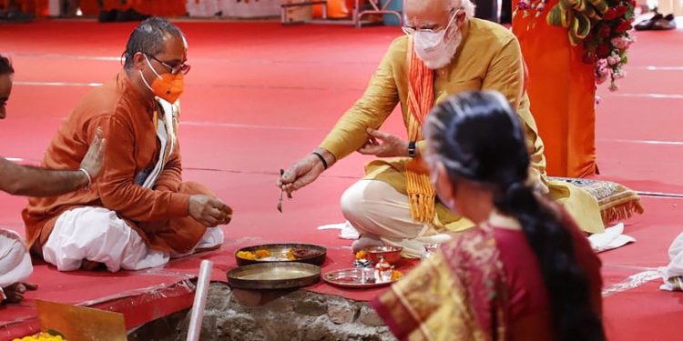 Ayodhya: Prime Minister Narendra Modi along with UP Governor Anandiben Patel performs Bhoomi Pujan rituals for the construction of the Ram Mandir, in Ram Janmabhoomi premises in Ayodhya, Wednesday, Aug 5, 2020. (PTI Photo)  (PTI05-08-2020_000079B)