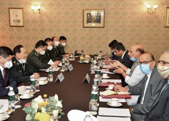 Moscow: Defence Minister Rajnath Singh during a meeting with the Chinese Defence Minister General Fenghe, in Moscow, Friday, Sept. 4, 2020. (PTI Photo)(PTI04-09-2020_000220B)