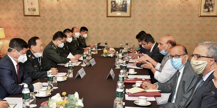 Moscow: Defence Minister Rajnath Singh during a meeting with the Chinese Defence Minister General Fenghe, in Moscow, Friday, Sept. 4, 2020. (PTI Photo)(PTI04-09-2020_000220B)