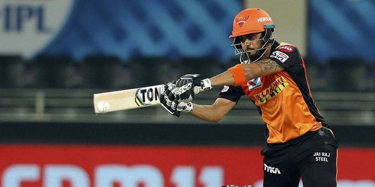 Dubai: Sunrisers Hyderbad batsman Manish Pandey plays a shot during the Indian Premier League 2020 cricket match against Rajasthan Royals, at Dubai International Cricket Stadium, in Dubai, Thursday, Oct. 22, 2020. (PTI Photo/Sportzpics for BCCI)(PTI22-10-2020_000228B)