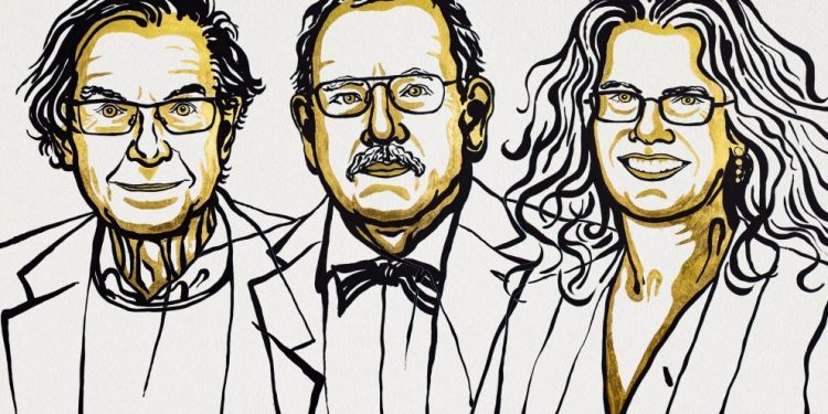 The Royal Swedish Academy of Sciences has decided to award the Nobel Prize in Physics 2020 with one half to Roger Penrose and and the other half jointly to Reinhard Genzel and Andrea Ghez. Illustration: Niklas Elmehed. (Photo Courtesy: Nobel Media)