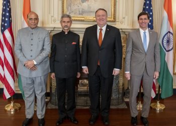 India's Defence Minister Rajnath Singh, from left, and External Affairs Minister S. Jaishankar with United States Secretary of State Mike Pompeo and Defence Secretary Mark Esper at the India-US 2+2 Ministerial Dialogue in Washington in December 2019. (Photo: State Dept./IANS)