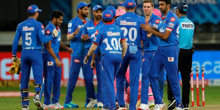 Delhi Capitals players congratulate each other after their victory over Rajasthan Royals in Dubai, Wednesday