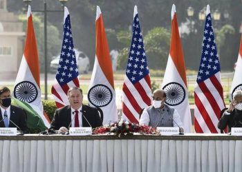 India's Defence Minister Rajnath Singh speaks next to US Secretary of State Mike Pompeo, US Secretary of Defence Mark Esper and India's Foreign Minister Subrahmanyam Jaishankar during a joint news conference after their meeting at Hyderabad House in New Delhi. (PTI)