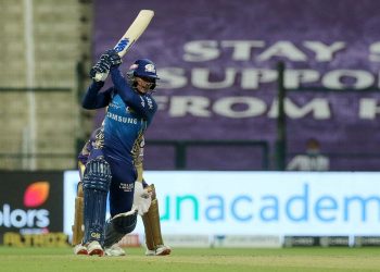 Quinton de Kock drives through the off-side during his match-winning innings against KKR, Friday