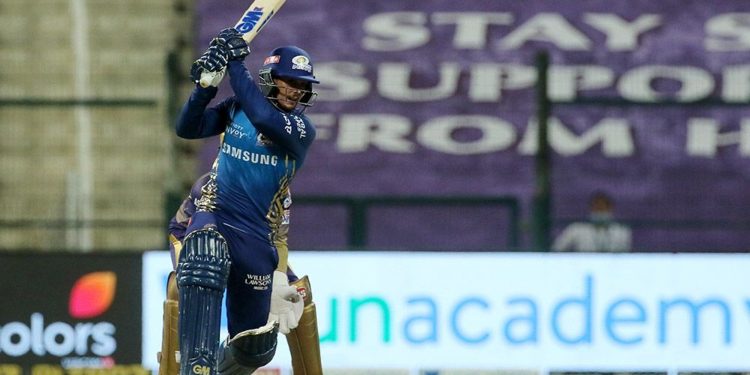 Quinton de Kock drives through the off-side during his match-winning innings against KKR, Friday