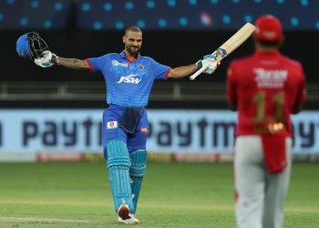 Shikhar Dhawan celebrates his historic century as he becomes the first batsman to score back-to-back hundreds in IPL