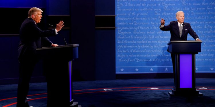 File Photo: US President Donald Trump and Democratic presidential nominee Joe Biden participate in their first 2020 presidential campaign debate held on the campus of the Cleveland Clinic at Case Western Reserve University in Cleveland, Ohio, US, September 29, 2020. (PC: amny.com)
