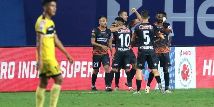 FC Goa players celebrate after Igor Angulo scored the winning goal in the dying minutes during match 43 of Hero ISL7 at the Tilak Maidan Stadium on Wednesday. (ISL).