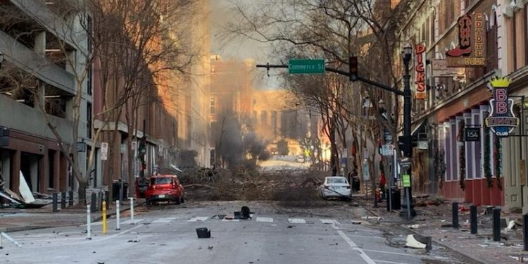 The scene of a motor home explosion in Nashville, Tennessee, on Christman morning, Friday, December 25, 2020. Officials said it was an "intentional act" and the motive behind it was not clear. (Photo: Nashville Police/IANS)