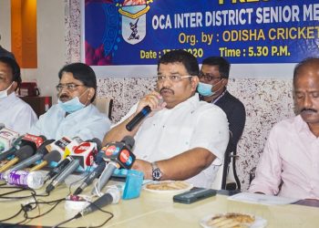 OCA secretary Sanjay Behera speaks at the press conference announcing the T-20 event at Cuttack, Sunday  OP Photo