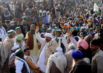 Bharatiya Kisan Union (BKU) National President Naresh Tikait along with other Khap leaders during farmers protest against the Centers new farm law at Ghazipur border, in Ghaziabad, Thursday, Dec. 17, 2020.