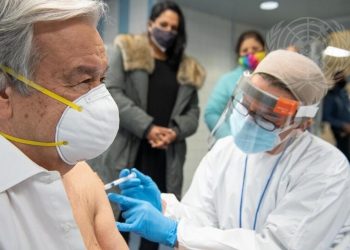 United Nations Secretary General Antonio Guterres gets vaccinated against COVID-19 at vaccination center in a New York City high school on Thursday, January 28, 2021. (Photo: UN/IANS)