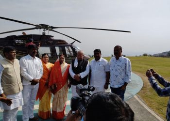 The newly elected Sarpanch of Ambi-Dumala village JALINDER GAGARE, arrived in a helicopter from Pune. Pic- IANS