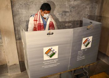 Nagaon: Congress leader Rokibul Hussain casts his vote during in the first phase of polling for Assam Assembly elections, in Nagaon district, Saturday, March 27, 2021. (PTI Photo) (PTI03 27 2021 000070B)