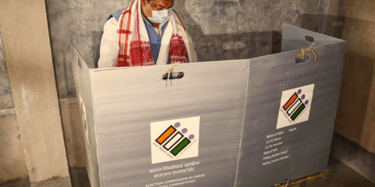 Nagaon: Congress leader Rokibul Hussain casts his vote during in the first phase of polling for Assam Assembly elections, in Nagaon district, Saturday, March 27, 2021. (PTI Photo) (PTI03 27 2021 000070B)