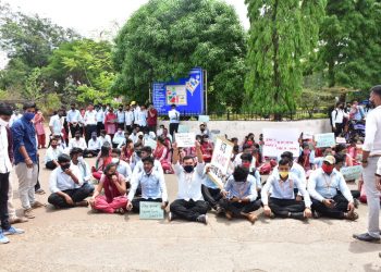 Demanding online exam, BJB, OUAT students stage dharna