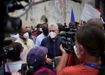 Cuban President Miguel Díaz-Canel in San Antonio de los Baños, Cuba, July 11. (Alexandre Meneghini/Reuters)