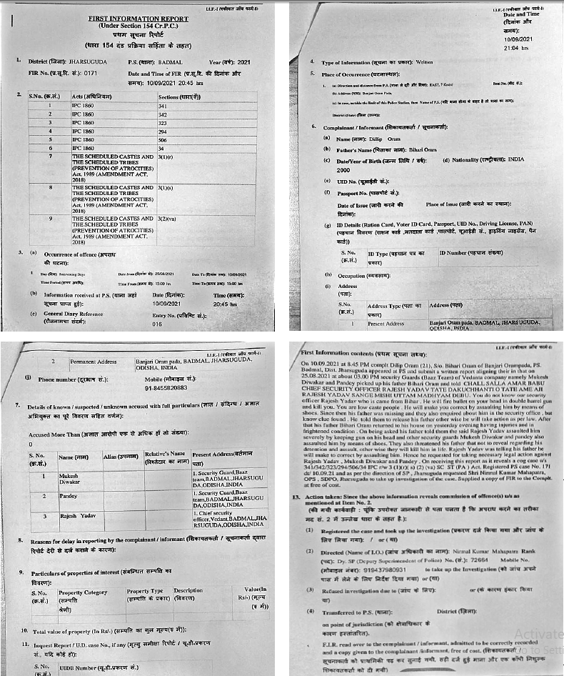 Photocopies of the FIR written in Hindi and English given to the complainant by Badmal police in Jharsuguda district