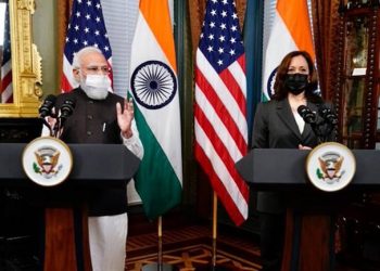 PM Narendra Modi and US Vice-President Kamala Harris during a press statement September 24, 2021. (Photo: Twitter/@MEAIndia)