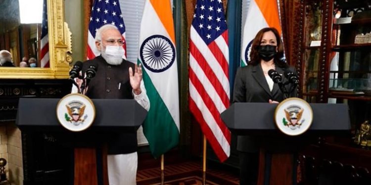 PM Narendra Modi and US Vice-President Kamala Harris during a press statement September 24, 2021. (Photo: Twitter/@MEAIndia)