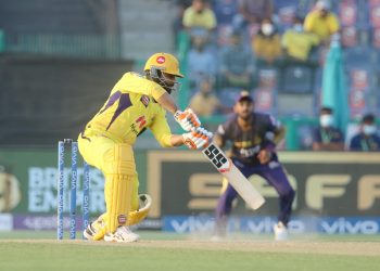 Ravindra Jadeja of Chennai Super Kings plays a shot during match 38 of the Vivo Indian Premier League between the Chennai Super Kings and the Kolkata Knight Riders held at the Sheikh Zayed Stadium, Abu Dhabi in the United Arab Emirates on the 26th September 2021

Photo by Vipin Pawar / Sportzpics for IPL