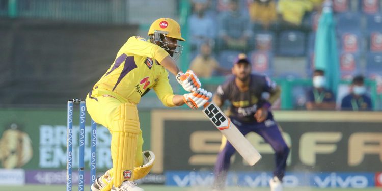 Ravindra Jadeja of Chennai Super Kings plays a shot during match 38 of the Vivo Indian Premier League between the Chennai Super Kings and the Kolkata Knight Riders held at the Sheikh Zayed Stadium, Abu Dhabi in the United Arab Emirates on the 26th September 2021

Photo by Vipin Pawar / Sportzpics for IPL