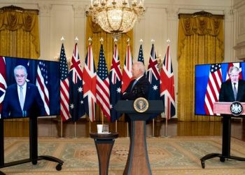 Biden participates in a videoconference with Morrison and Johnson, from the White House in Washington on Wednesday, September 15, 2021. (Doug Mills/The New York Times)