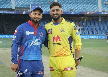 Mahendra Singh Dhoni and Rishabh Pant pose before the toss for the shutterbugs in Dubai   