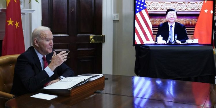 President Joe Biden meets virtually with Chinese President Xi Jinping from the Roosevelt Room of the White House in Washington, November 15, 2021 (PC: AP)