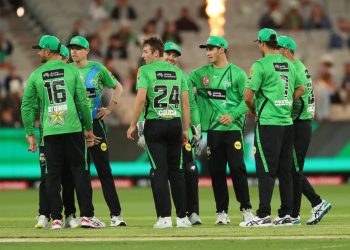 MELBOURNE, AUSTRALIA - DECEMBER 10: Stars players celebrate during the Men's Big Bash League match between the Melbourne Stars and the Sydney Thunder at Melbourne Cricket Ground, on December 10, 2021, in Melbourne, Australia. (Photo by Kelly Defina - CA/Cricket Australia via Getty Images)