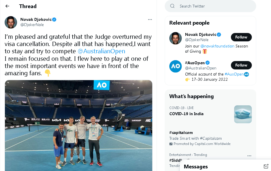 Djokovic tweet