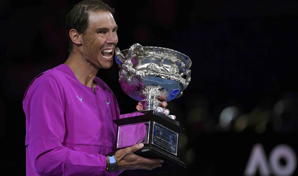 Rafael Nadal holds the Norman Brookes Challenge Cup after defeating Daniil Medvedev of Russia in the men's singles final at the Australian Open