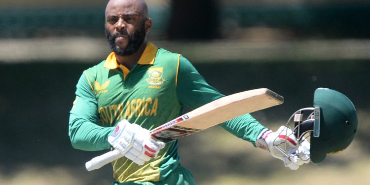 Temba Bavuma of South Africa celebrates his century during the first 2022 Betway One Day Series game between South Africa and India at Boland in Paarl on 19 January 2022 ©Ryan Wilkisky/Sports Inc