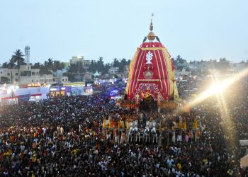 Lord Jagannath’s Nandighosa chariot being pulled towards Srigundicha temple amid a sea of devotees in Puri on the occasion of Rath Yatra, Friday