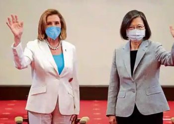 US House Speaker Nancy Pelosi (left) waving beside Taiwan’s President Tsai Ing-wen at the Presidential Office in Taipei, Taiwan. (File: AFP)