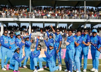 Members of the Indian women's cricket team celebrate after their win in the Asia Cup final, Saturday