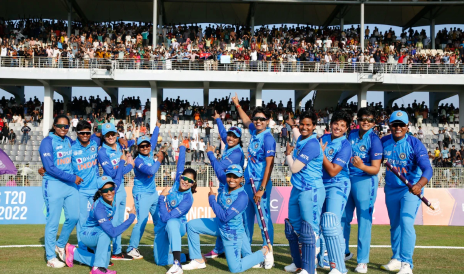 Members of the Indian women's cricket team celebrate after their win in the Asia Cup final, Saturday