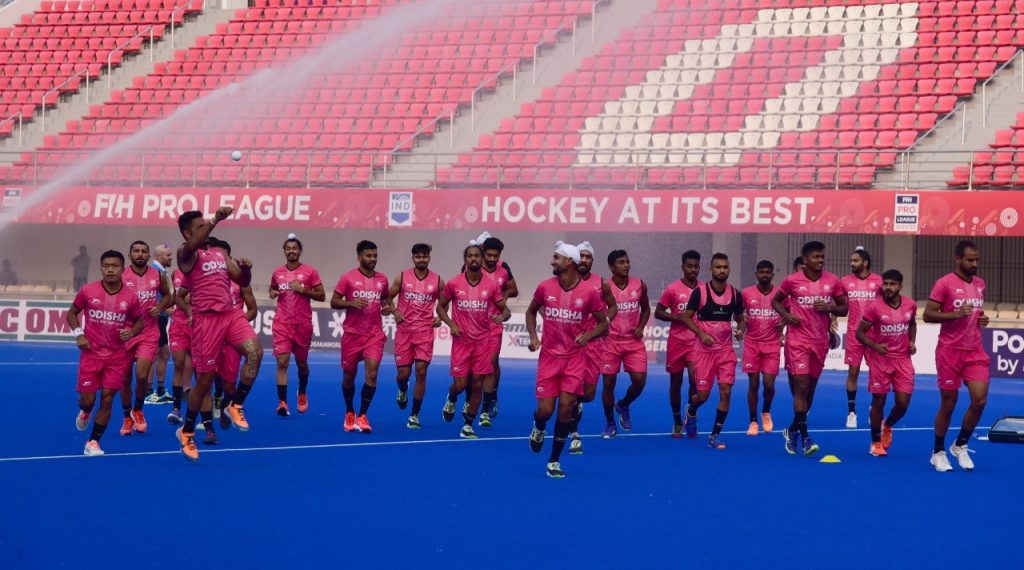 Indian hockey team players warmup during the practice session at Kalinga hockey stadium in Bhubaneswar on Thursday on the eve of their match in FIH Pro league against NZL