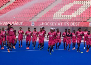 Indian hockey team players warmup during the practice session at Kalinga hockey stadium in Bhubaneswar on Thursday on the eve of their match in FIH Pro league against NZL