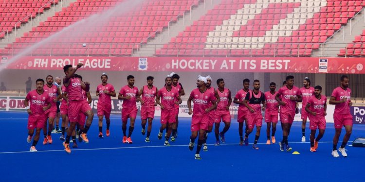 Indian hockey team players warmup during the practice session at Kalinga hockey stadium in Bhubaneswar on Thursday on the eve of their match in FIH Pro league against NZL