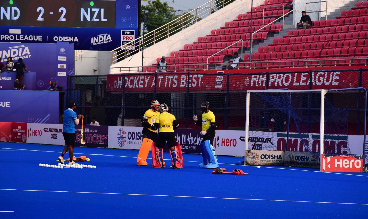 Indian hockey team players warmup during the practice session at Kalinga hockey stadium in Bhubaneswar on Thursday on the eve of their match in FIH Pro league against NZL