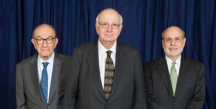 The man in a grey suit whose ‘shock’ reverberated around the world: the late Paul Volcker (centre), with successors as US Federal Reserve chair Alan Greenspan (left) and Ben Bernanke (Federal Reserve)