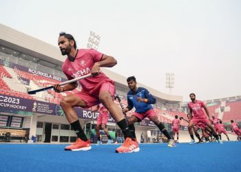 Indian Men's Hockey Team practicing for their match against Wales. Image: TheHockeyIndia/Twitter
