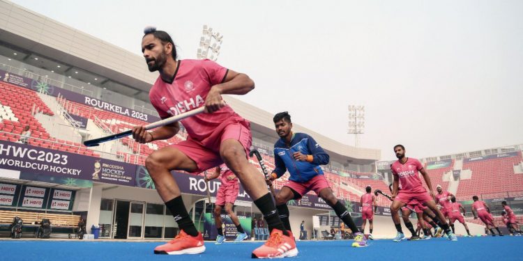 Indian Men's Hockey Team practicing for their match against Wales. Image: TheHockeyIndia/Twitter